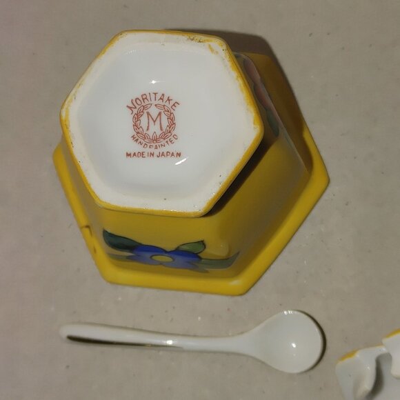 Noritake Japan Yellow Floral Salt Pepper Shaker Set Lidded Mustard Bowl Spoon - Picture 3 of 12